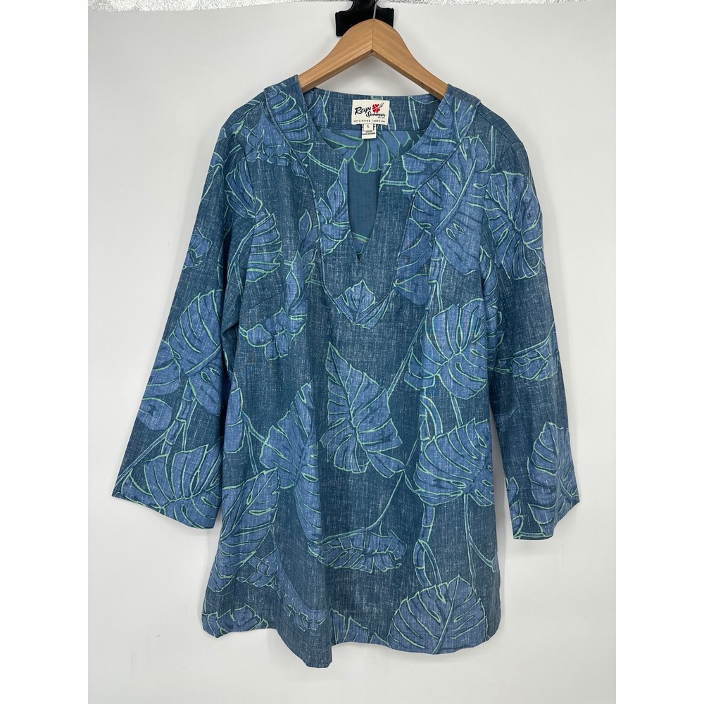 Reyn Spooner Tunic Top Women L Blue Leaf Tropical Hawaiian Aloha Limited Issue